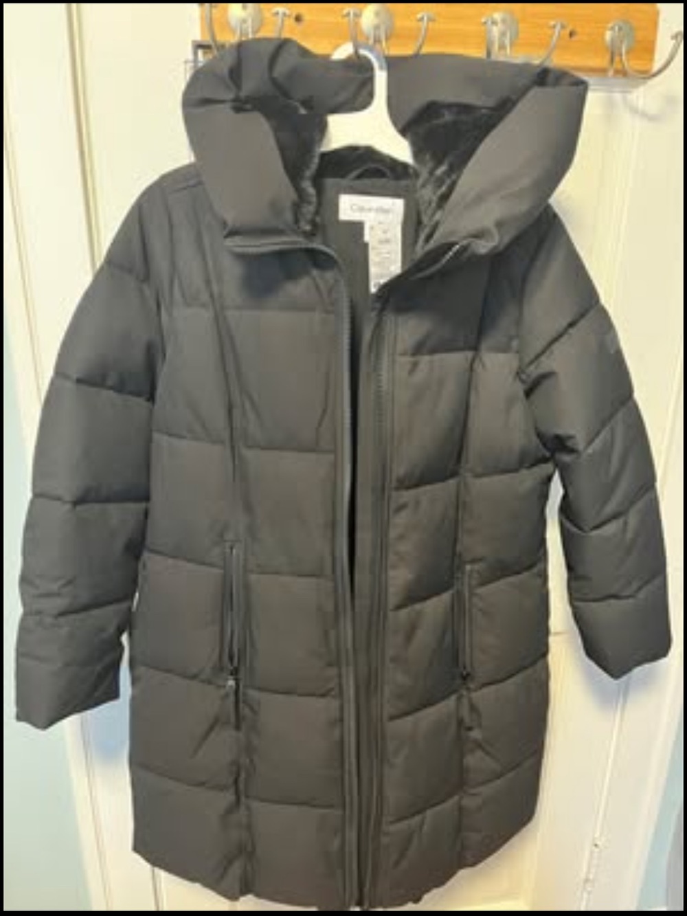 Calvin Klein Black Long Quilted Puffer Coat with Hood
